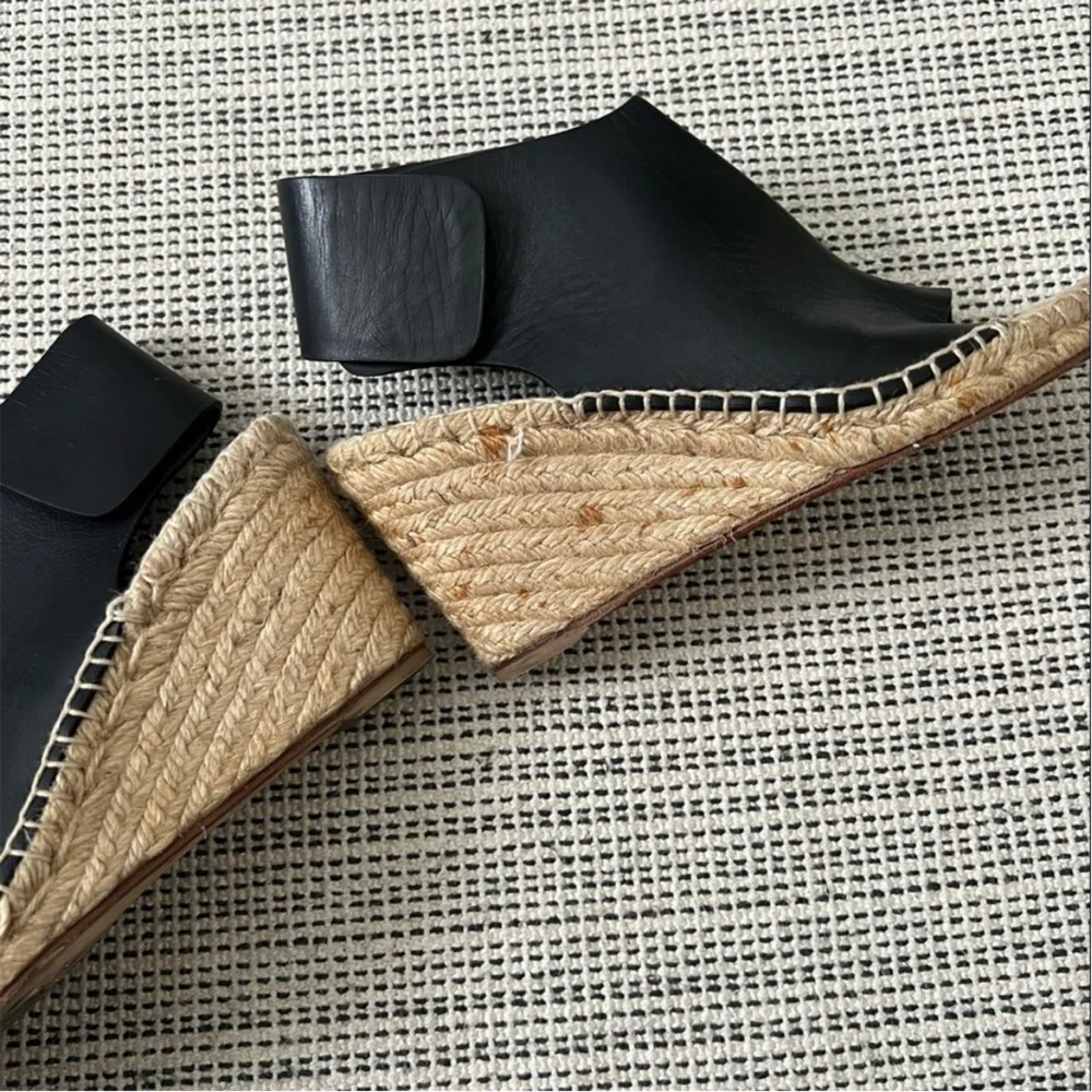 CELINE Calfskin Espadrille Wedge Sandals Black/Natural Size 35